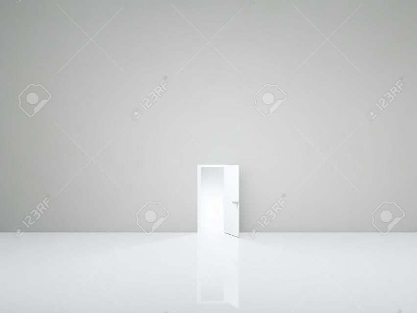 Einzelne Tür in reinen weißen Raum emaits Licht