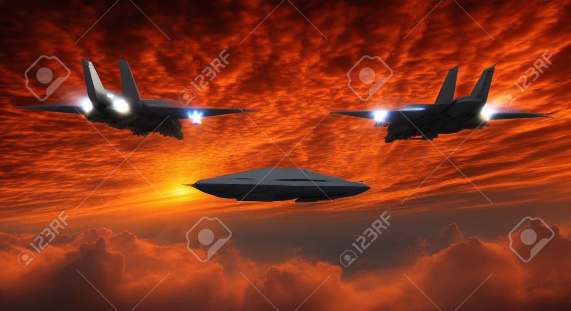 Military Jets Pursue UFO. Sunset or sunrise