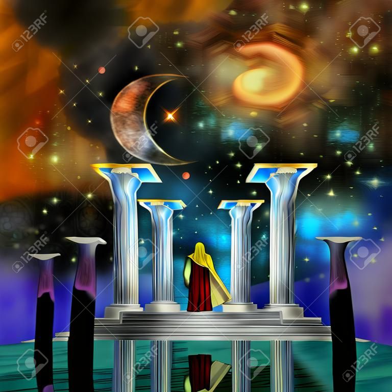 Temple of fire and mystic priests. 3D rendering