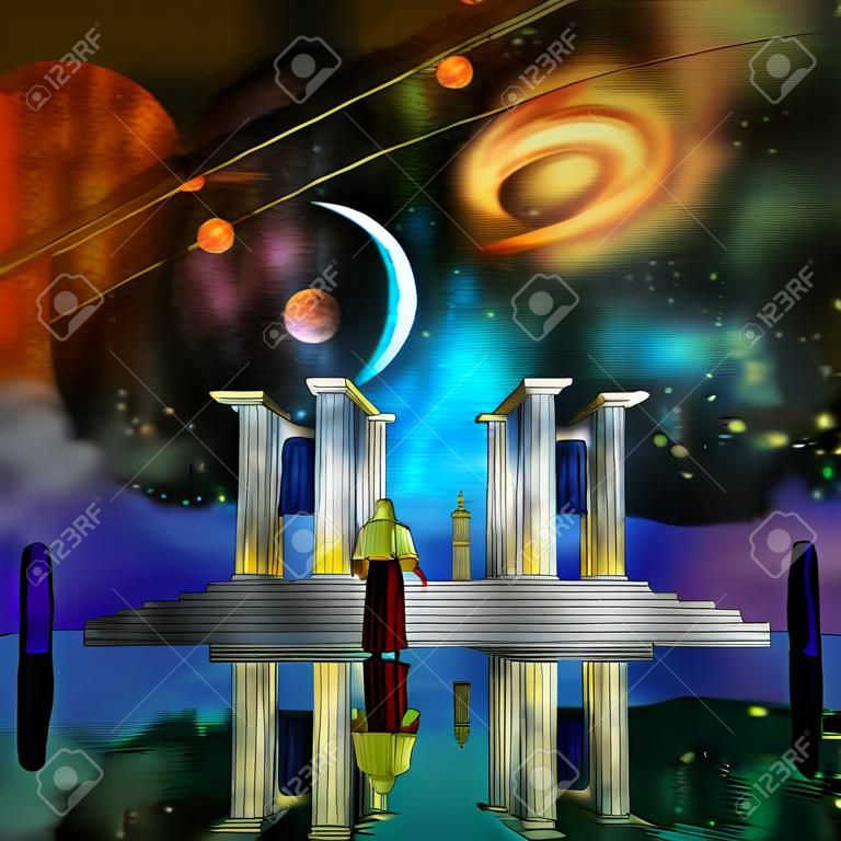 Temple of fire and mystic priests. 3D rendering