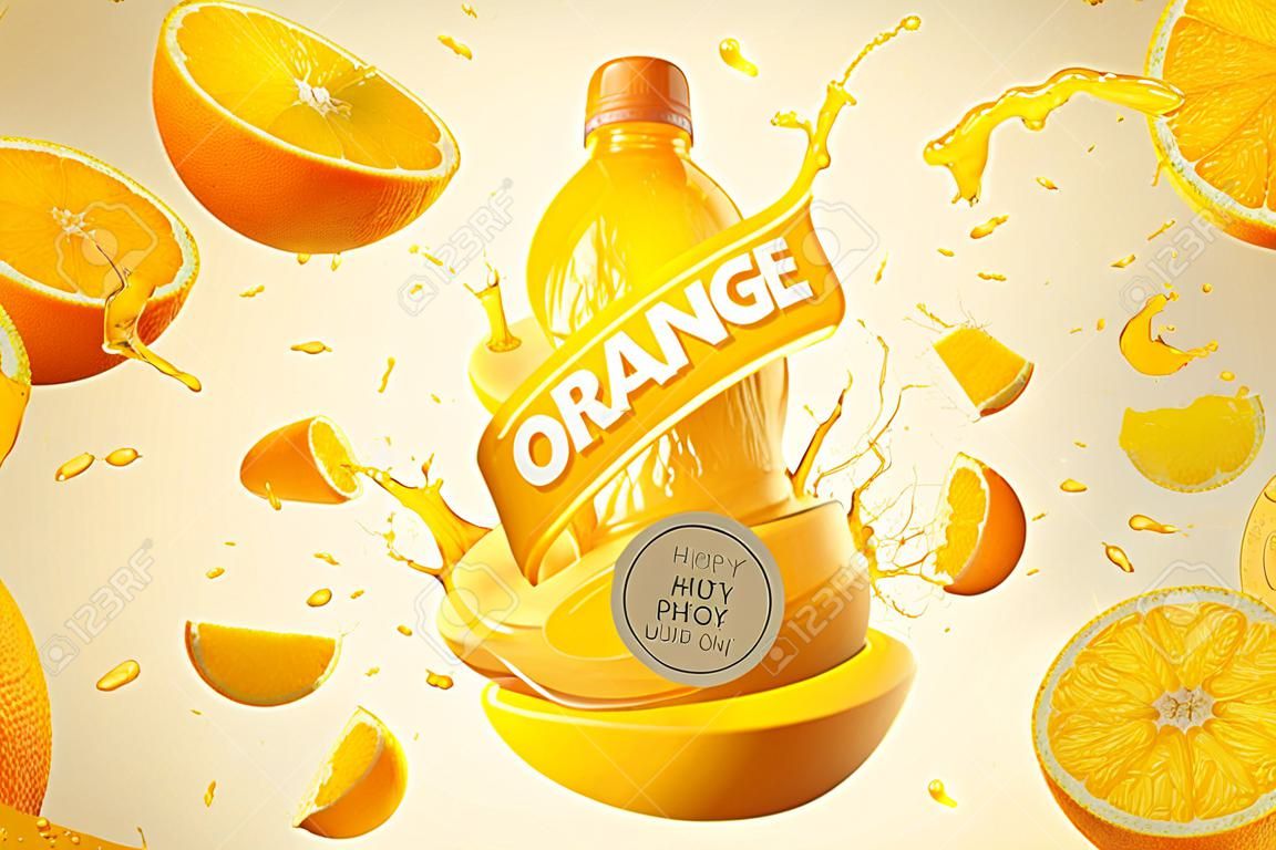 オレンジボトルジュース広告は、3Dイラストで液体と新鮮なパルプを飛び散る