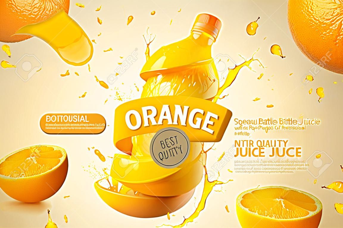 Orange bottle juice ads with splashing liquid and fresh pulp in 3d illustration