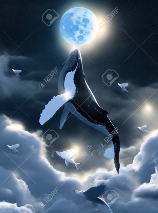 Surreale Szene von Buckelwalen, die über Wolken durchbrechen und den silbernen Mond erreichen, 3D-Illustration