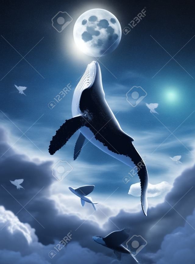 Surreal scene of humpback whale breaching above clouds and reaching the silver moon, 3d illustration