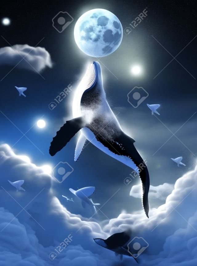Surreale Szene von Buckelwalen, die über Wolken durchbrechen und den silbernen Mond erreichen, 3D-Illustration