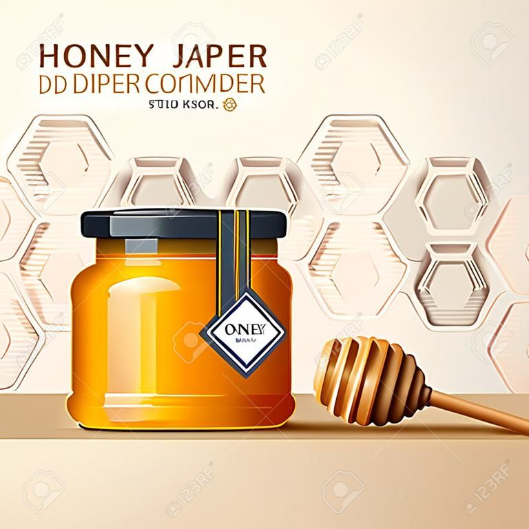 Honey jar and dipper in 3d illustration against engraved honeycomb design