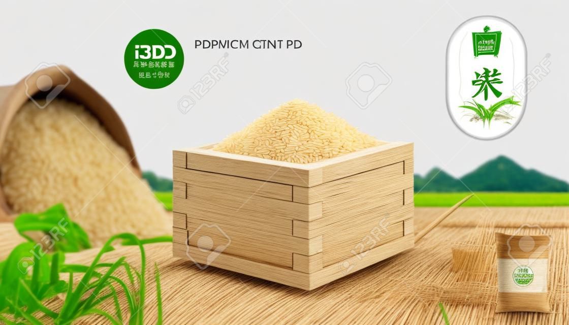 Modello di annuncio di prodotti a base di riso. Modello 3d di riso al vapore nel contenitore di legno. Schizzo di incisione di covoni di paglia su una risaia e un contadino che lavora in background