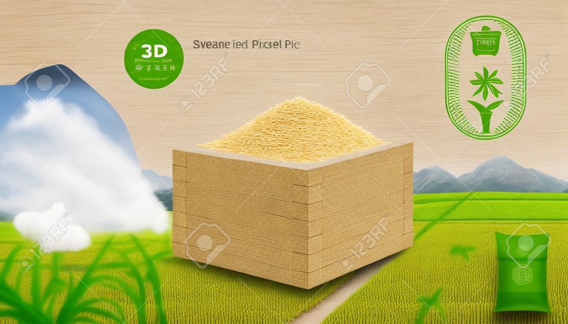 Vorlage für Reisproduktanzeige. 3D-Modell von gedämpftem Reis im Holzbehälter. Gravurskizze von Strohgarben auf einem Reisfeld und ein Bauer, der im Hintergrund arbeitet