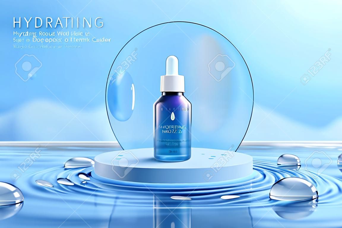 3d hydrating moisturizer banner ad. Illustration of a cosmetic droplet bottle displayed on the podium floating on ripple water background