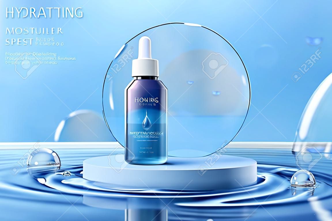 3d hydrating moisturizer banner ad. Illustration of a cosmetic droplet bottle displayed on the podium floating on ripple water background