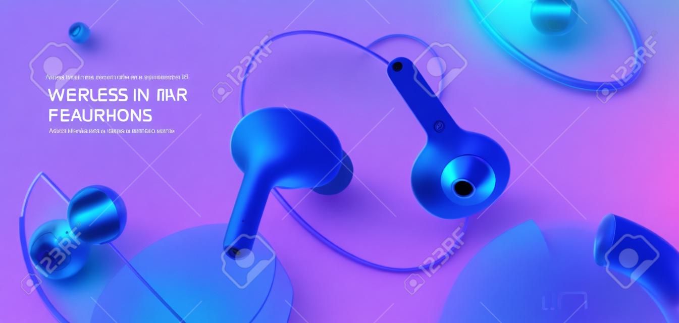 Reklama bezprzewodowych słuchawek dousznych. 3d ilustracja wkładek dousznych wyświetlanych przed pływającymi dyskami na fioletowym niebieskim tle
