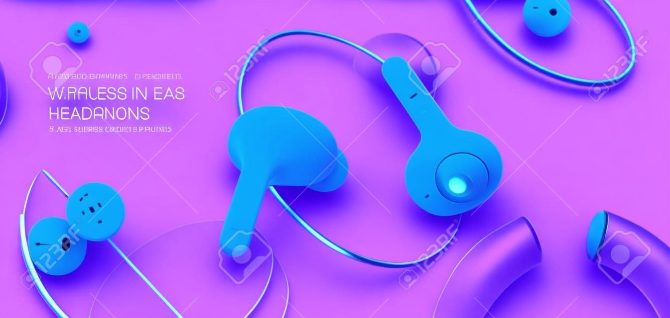 Reklama bezprzewodowych słuchawek dousznych. 3d ilustracja wkładek dousznych wyświetlanych przed pływającymi dyskami na fioletowym niebieskim tle