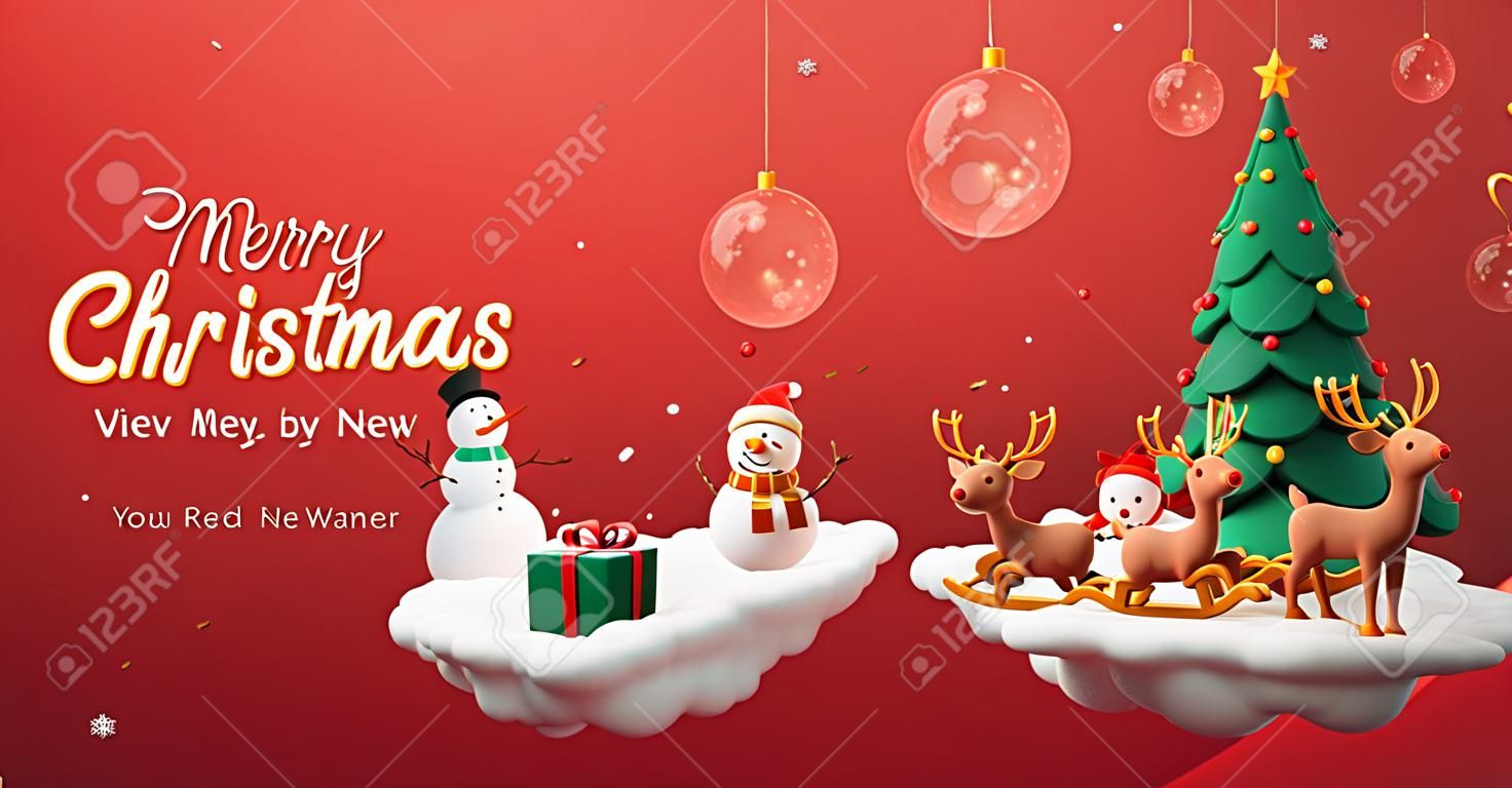 3d red Christmas banner. Santa sitting on reindeer sleigh holding gift on floating cloud shape island, which decorated with christmas tree, presents and snowman.