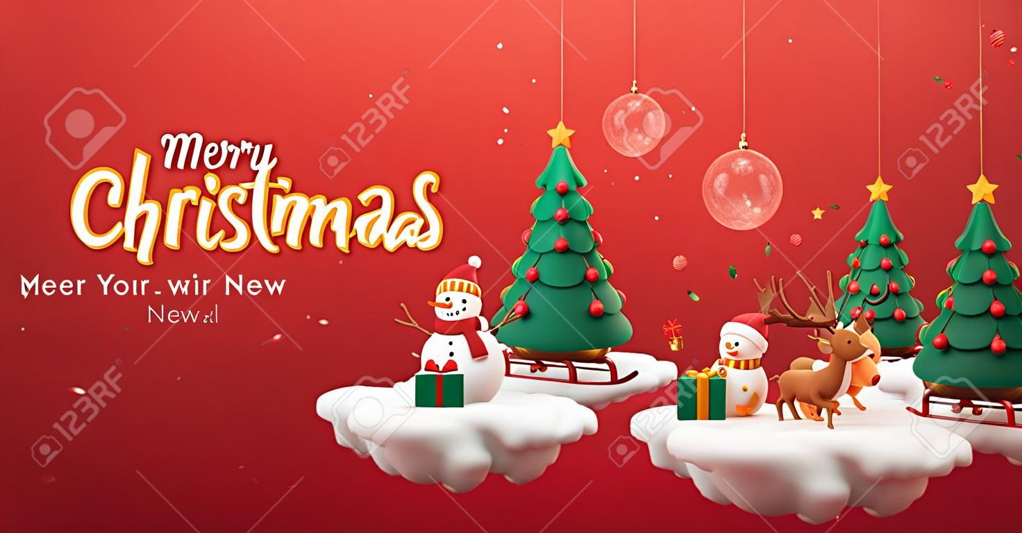 3d red Christmas banner. Santa sitting on reindeer sleigh holding gift on floating cloud shape island, which decorated with christmas tree, presents and snowman.