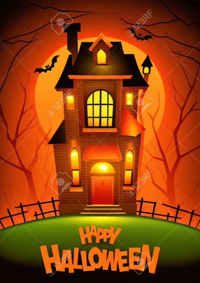 Halloweenowy plakat z domem i miejscem na tekst wektor kreskówka