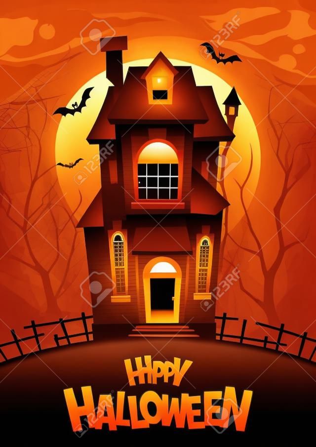 Cartaz do Dia das Bruxas com casa e lugar para o desenho animado do vetor do texto