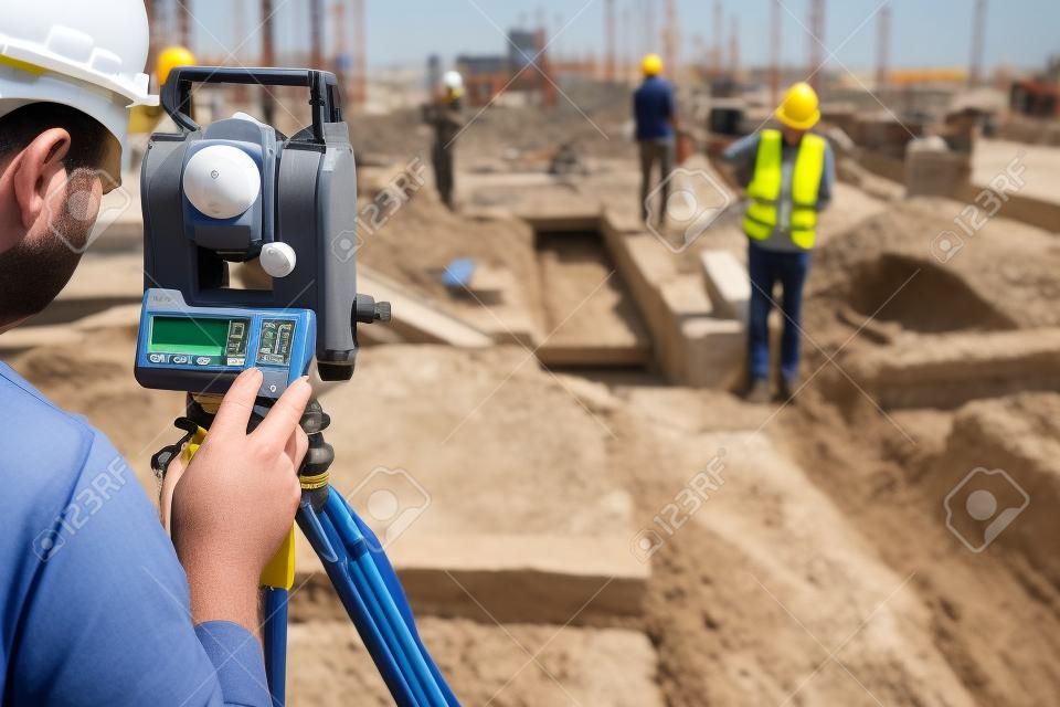 Surveyor engineer is measuring level on construction site. Surveyors ensure precise measurements before undertaking large construction projects.