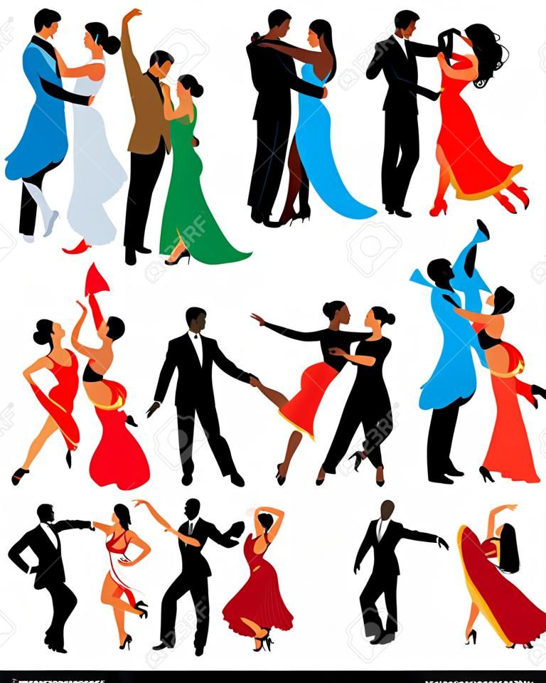 跳舞的夫婦，不同風格的舞蹈，色彩矢量插圖