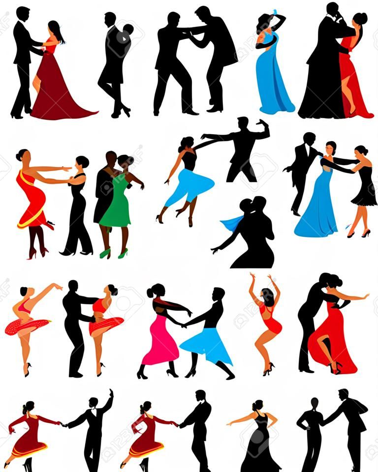 跳舞的夫婦，不同風格的舞蹈，色彩矢量插圖