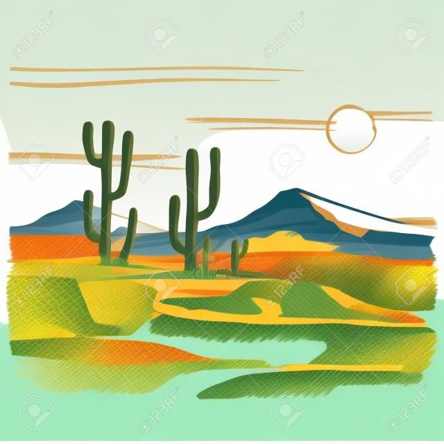 Wektorowy nakreślenie Ameryka krajobraz z kaktusem