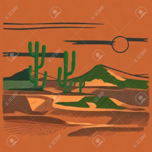 Wektorowy nakreślenie Ameryka krajobraz z kaktusem