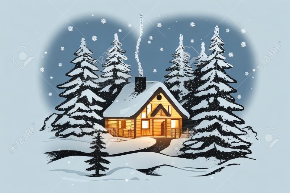 Drewniany dom w zimowym lesie. Panoramiczny idylliczny krajobraz z kabiną. Szkic wektor czarno-biały. Śnieżny krajobraz z domu.