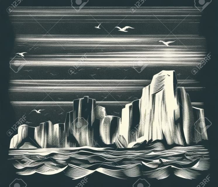 Seascape cliffs on the shore and seagulls in the sky. Vector Imitation of engraving. Scratch board style hand drawn sketch image.