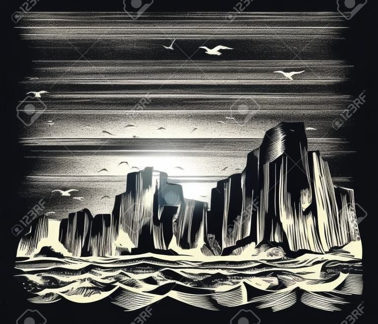 Seascape cliffs on the shore and seagulls in the sky. Vector Imitation of engraving. Scratch board style hand drawn sketch image.