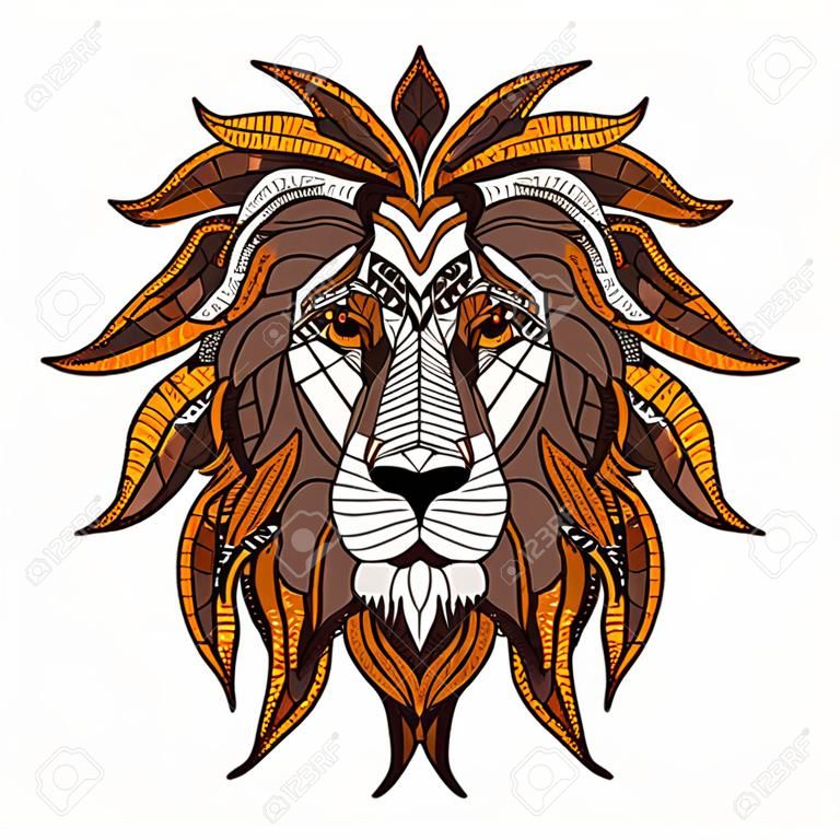 Lion head zentangle, doodle stylized, vector, illustration, hand drawn, pattern. Zen art. Color illustration on white background. Line art. Print for t-shirts.
