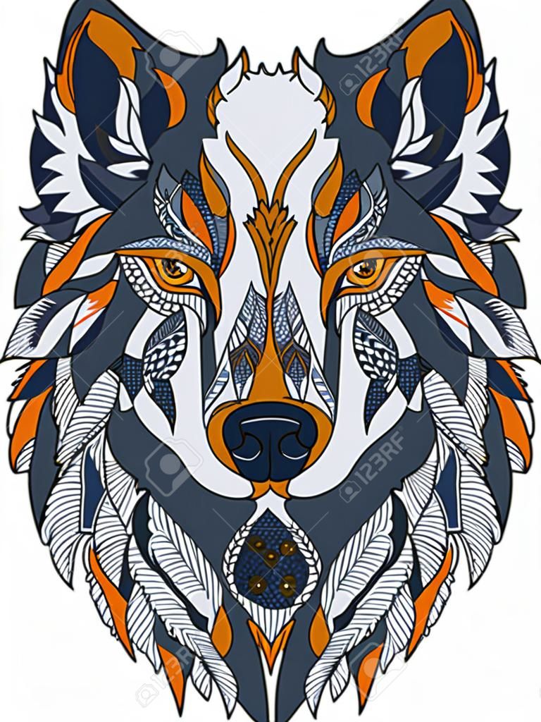 Wolf head zentangle stylized, vector, illustration, freehand pencil, hand drawn, pattern. Zen art. Ornate vector. Color illustration on white background. Print for t-shirts.