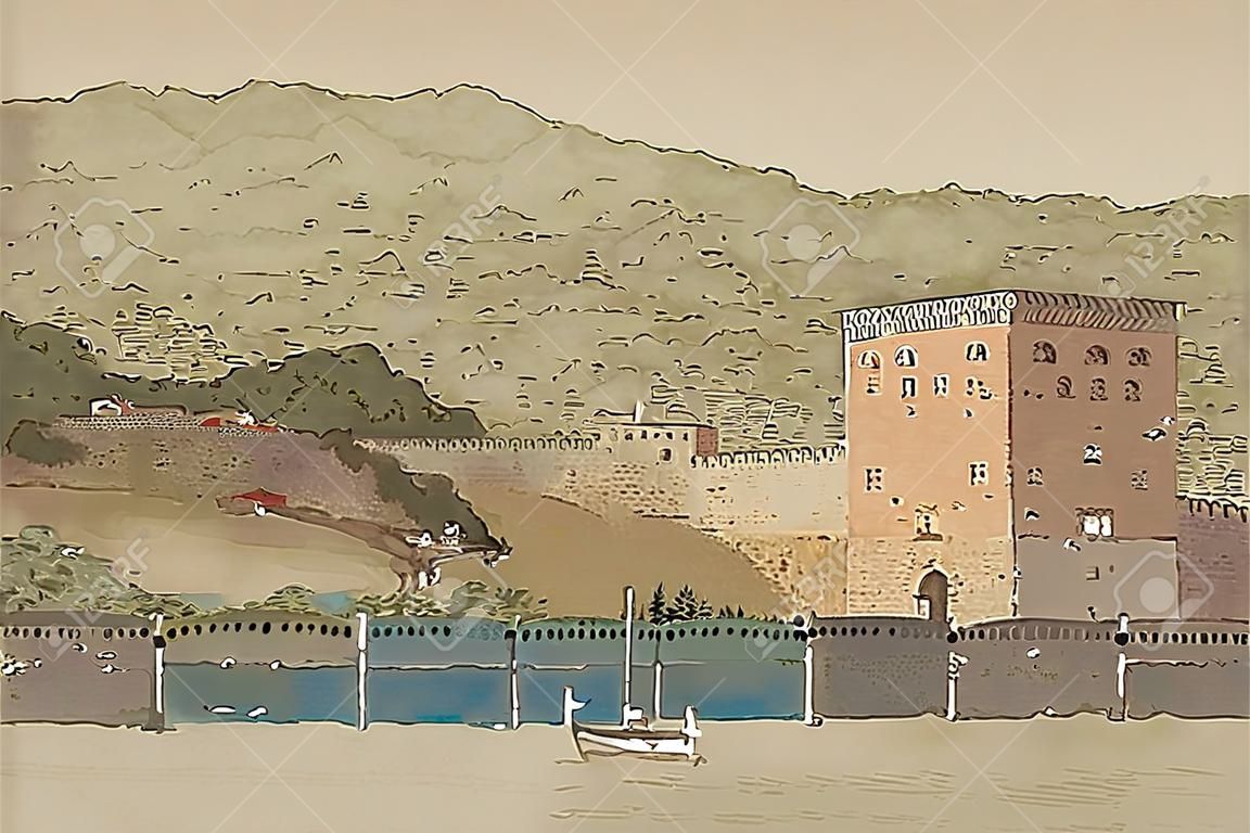 Travel background in vector format. Modern stylish painting with watercolor and pencil. Kizil Kule (Red Tower) in Alanya, Antalya, Turkey