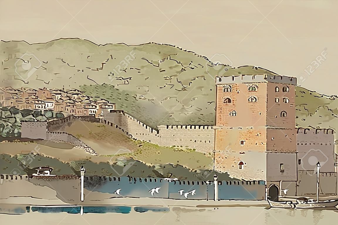 Travel background in vector format. Modern stylish painting with watercolor and pencil. Kizil Kule (Red Tower) in Alanya, Antalya, Turkey