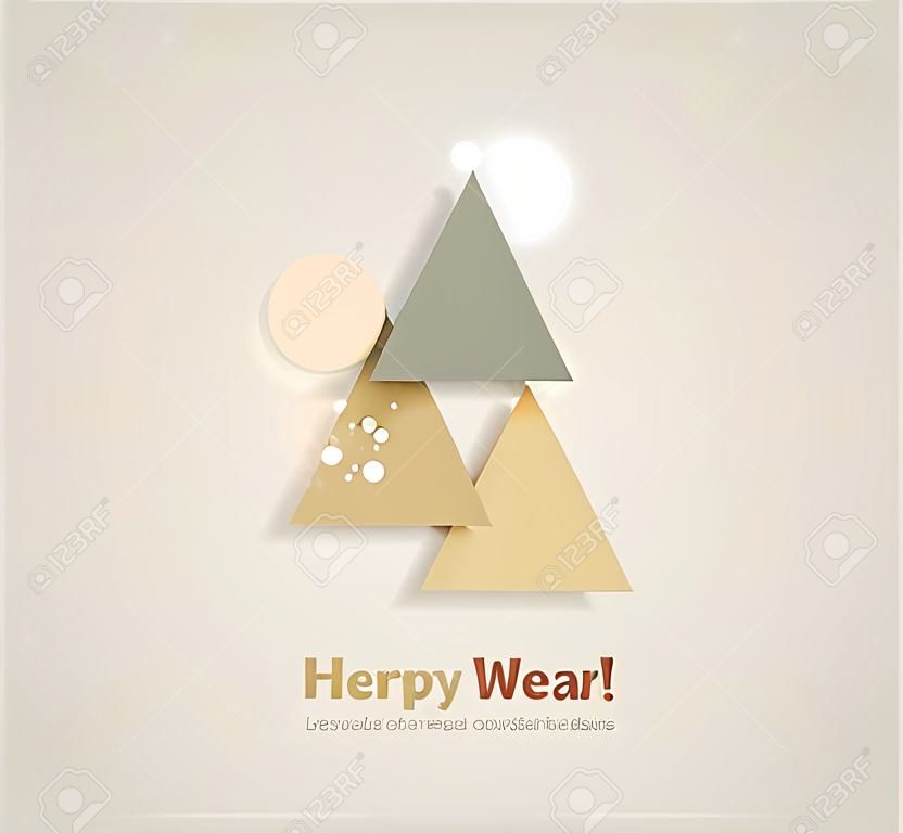 Abstract christmas tree icon or logo concept. Silhouette of evergreen tree build with colorful abstract triangles with added text and snowflakes.