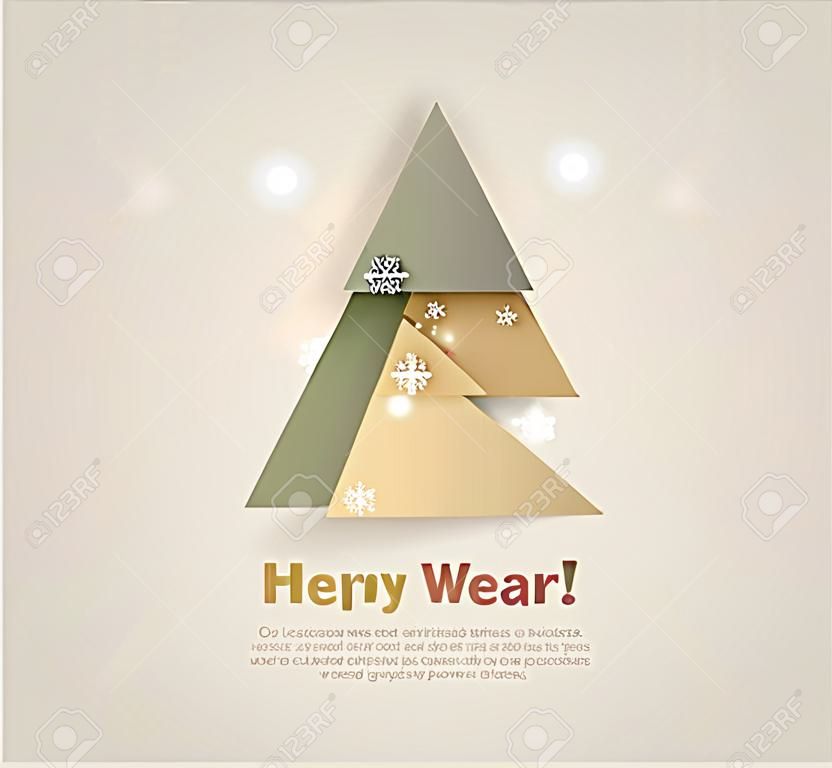 Abstract christmas tree icon or logo concept. Silhouette of evergreen tree build with colorful abstract triangles with added text and snowflakes.