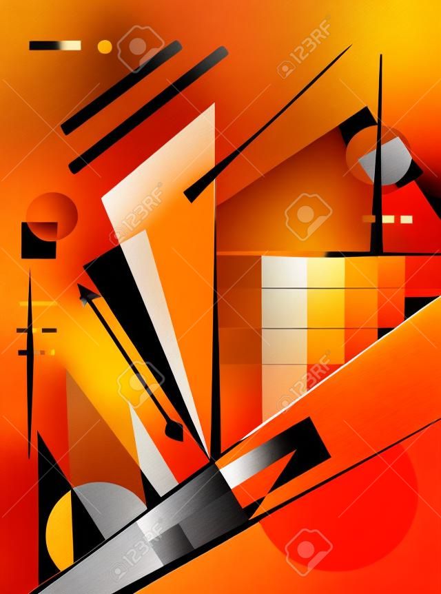 Abstract orange background, fancy geometric and curved shapes, expressionism art style
