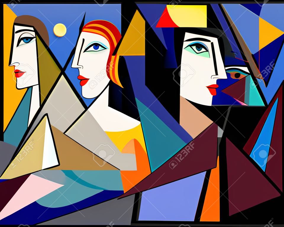 Colorful background, cubism art style, abstracts faces