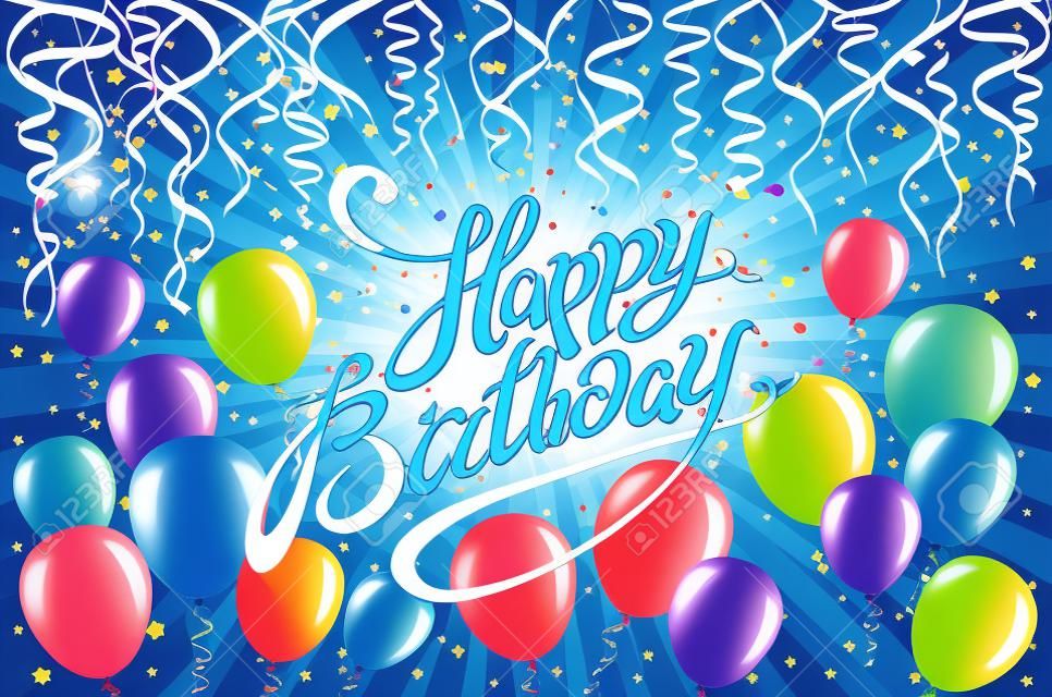 Balloons happy birthday. colorful balloon sparkles holiday blue background. Happiness Birth day to you logo, card, banner, web, design. art