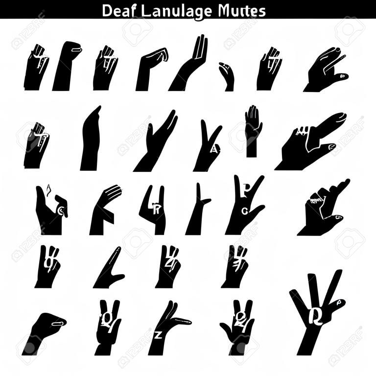 聋哑人手的矢量语言。美国手语ASL字母艺术