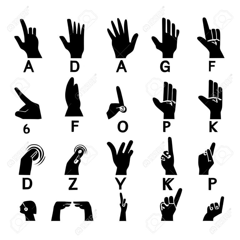 청각 장애인 손의 벡터 언어. 미국 수화 ASL 알파벳 예술