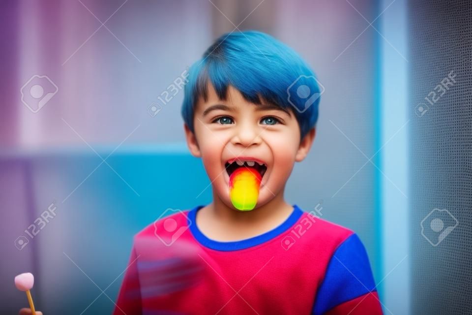 Wspaniały mały chłopiec w szkole liże lizaki i pokazuje kolorowy niebieski język. Zabawne dziecko bawiące się kolorowaniem cukierków, w pomieszczeniu