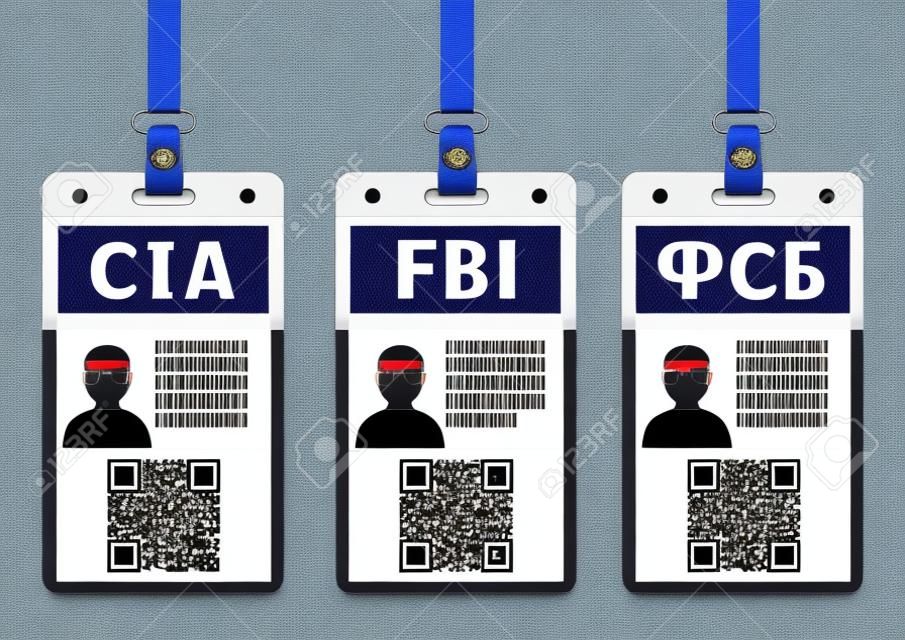 Modèle vide d'insigne vertical de service de sécurité avec code QR de titre bleu jaune et rouge et cordon sur fond transparent. Ensemble de maquette de carte d'identité de l'agent d'identification FBI CIA FSB