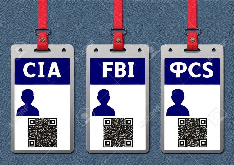安全服务垂直徽章空模板与蓝色黄色和红色标题QR码和挂绳在透明背景上。身份证特工FBI CIA FSB身份证样机集