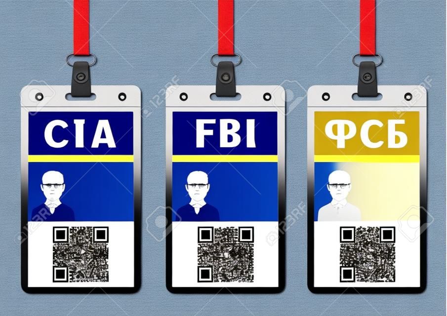 파란색 노란색과 빨간색 제목 QR 코드와 투명 배경에 끈이있는 보안 서비스 수직 배지 빈 템플릿. 식별 요원 FBI CIA FSB ID 카드 모형 세트