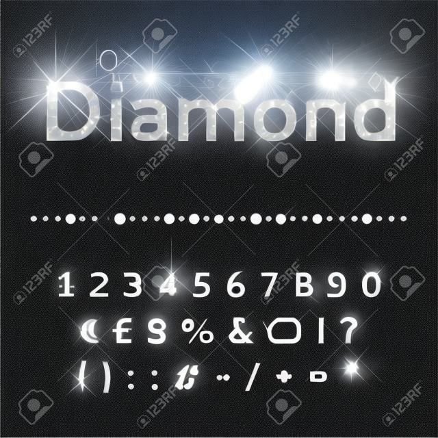 빛나는 다이아몬드 벡터 폰트 숫자와 특수 기호를 설정