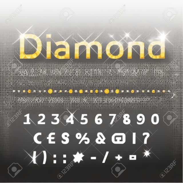 Fényes gyémánt vektor betűkészlet számok és különleges karakterek