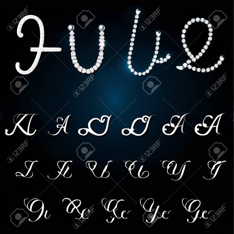 Shiny jewelry vector font set A to Z uppercase and lowercase.