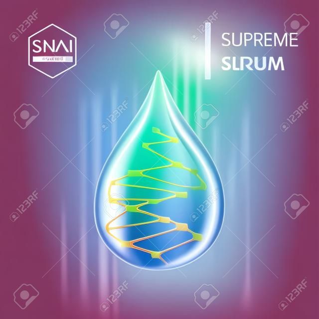 colágeno Supremo gota de aceite esencial con la hélice de ADN. Prima brillante gota de suero. Ilustración del vector.
