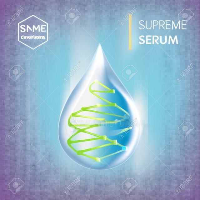Supreme collagen oil drop essence with DNA helix. Premium shining serum droplet. Vector illustration.