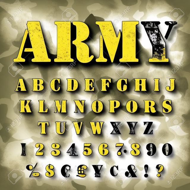 Militärische Schablone Alphabet gesetzt. Armee stencial Schriftzug mit Camouflage-Hintergrund. Vectro abc Groß mit Zeichen und Symbolen.