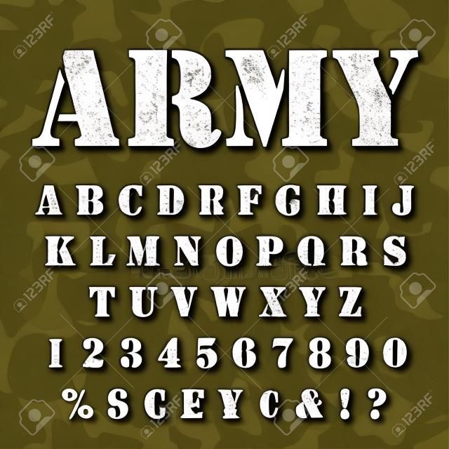 Militärische Schablone Alphabet gesetzt. Armee stencial Schriftzug mit Camouflage-Hintergrund. Vectro abc Groß mit Zeichen und Symbolen.